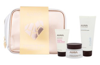 AHAVA Everyday Mineral Essentials denní pleťový krém Time To Hydrate Essential Day Moisturizer 50 ml + pleťová maska Time To Clear Purifying Mud Mask 100 ml + krém na ruce Deadsea Water Mineral Hand Cream 40 ml + kosmetická taštička