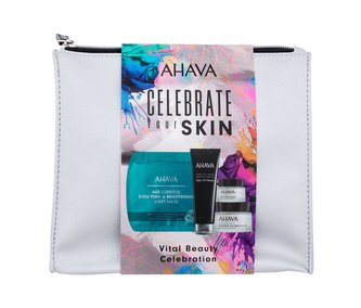 AHAVA Celebrate Your Skin denní pleťový krém Time To Hydrate Essential Day Moisturizer 50 ml + noční pleťový krém Time To Hydrate Night Replenisher 15 ml + pleťová maska Age Control Even Tone & Brightening Sheet Mask 1 ks + pleťová maska Dunaliella Algae