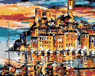 Malování podle čísel - MĚSTEČKO NAD MOŘEM - 80x100 cm, bez rámu a bez vypnutí plátna