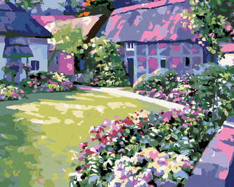 Malování podle čísel - KVĚTINY V ZAHRADĚ U DOMU - 80x100 cm, bez rámu a bez vypnutí plátna