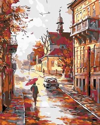 Malování podle čísel - PODZIMNÍ ULICE NA KONCI MĚSTA - 40x50 cm, bez rámu a bez vypnutí plátna