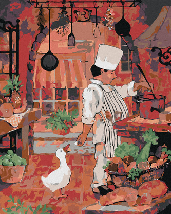 Malování podle čísel - KUCHAŘ KRMÍCÍ HUSU - 40x50 cm, bez rámu a bez vypnutí plátna