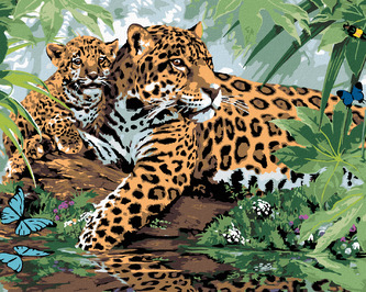 Malování podle čísel - JAGUÁR S MLÁDĚTEM U VODY (HOWARD ROBINSON) - 40x50 cm, bez rámu a bez vypnutí plátna