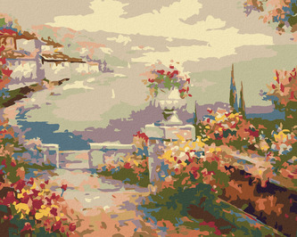 Malování podle čísel - KVĚTINOVÁ TERASA NAD MOŘEM - 40x50 cm, vypnuté plátno na rám