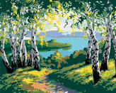 Malování podle čísel - PODZIMNÍ LESNÍ KRAJINA S BŘÍZAMI A ŘEKOU - 40x50 cm, vypnuté plátno na rám