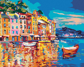 Malování podle čísel - LODĚ NA MOŘI U PŘÍSTAVU - 40x50 cm, vypnuté plátno na rám