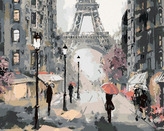 Malování podle čísel - PAŘÍŽ A LIDÉ S RŮŽOVÝMI DEŠTNÍKY - 80x100 cm, vypnuté plátno na rám