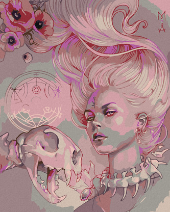 Malování podle čísel - RŮŽOVÁ ŽENA S LEBKOU - 80x100 cm, vypnuté plátno na rám