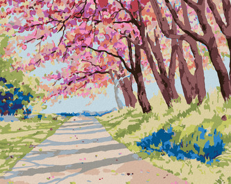 Malování podle čísel - KRAJINA S HIMALÁJSKÝMI TŘEŠNĚMI - 40x50 cm, bez rámu a bez vypnutí plátna