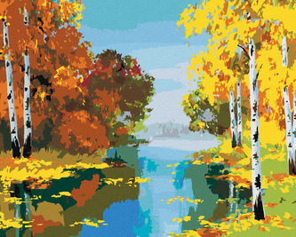 Malování podle čísel - LES S BŘÍZAMI U ŘEKY - 40x50 cm, vypnuté plátno na rám