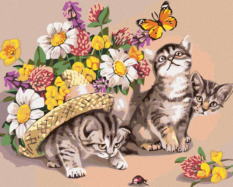 Malování podle čísel - KOŤATA S KLOBOUKEM A KVĚTINAMI - 40x50 cm, bez rámu a bez vypnutí plátna