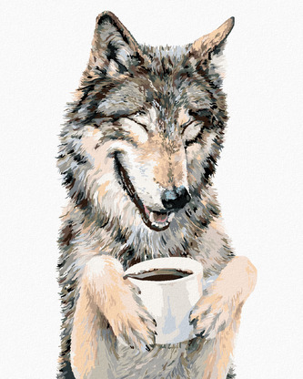 Malování podle čísel - VLK A KÁVA (HOLLY SIMENTAL) - 40x50 cm, bez rámu a bez vypnutí plátna
