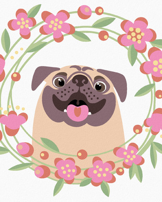 Malování podle čísel - ŠŤASTNÝ MOPS S KVĚTINAMI - 40x50 cm, bez rámu a bez vypnutí plátna