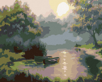 Malování podle čísel - LOĎKY V PODZIMNÍM ÚSVITU - 80x100 cm, bez rámu a bez vypnutí plátna