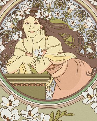 Malování podle čísel - REPRODUKCE ŽENA A BÍLÉ KVĚTINY (ALFONS MUCHA) - 40x50 cm, bez rámu a bez vypnutí plátna