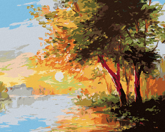 Malování podle čísel - ŘEKA V JARNÍM LESE A ZÁPAD SLUNCE - 40x50 cm, vypnuté plátno na rám