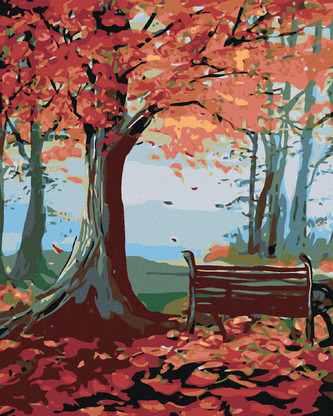 Malování podle čísel - LAVIČKA A PODZIMNÍ STROM - 40x50 cm, bez rámu a bez vypnutí plátna