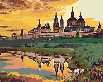 Malování podle čísel - ZÁMEČEK U VODY A ZÁPAD SLUNCE - 40x50 cm, vypnuté plátno na rám