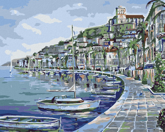 Malování podle čísel - MĚSTEČKO NA POBŘEŽÍ - 80x100 cm, bez rámu a bez vypnutí plátna