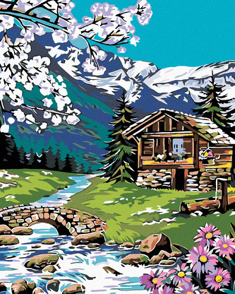 Malování podle čísel - SRUB V HORÁCH - 80x100 cm, bez rámu a bez vypnutí plátna