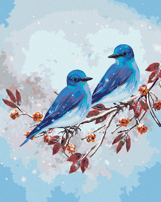 Malování podle čísel - DVA MODŘÍ PTÁČCI NA VĚTVI - 40x50 cm, bez rámu a bez vypnutí plátna
