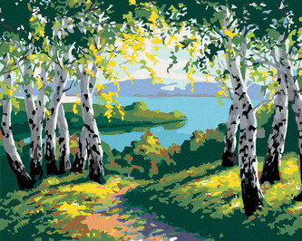 Malování podle čísel - PODZIMNÍ LESNÍ KRAJINA S BŘÍZAMI A ŘEKOU - 40x50 cm, bez rámu a bez vypnutí plátna