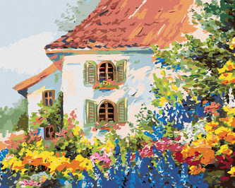 Malování podle čísel - DŮM V KVĚTINOVÉ ZAHRADĚ - 80x100 cm, bez rámu a bez vypnutí plátna