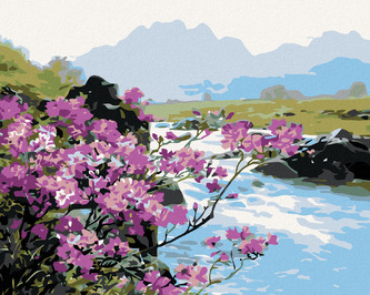 Malování podle čísel - ROZKVETLÉ KVĚTINY U ŘEKY - 40x50 cm, bez rámu a bez vypnutí plátna