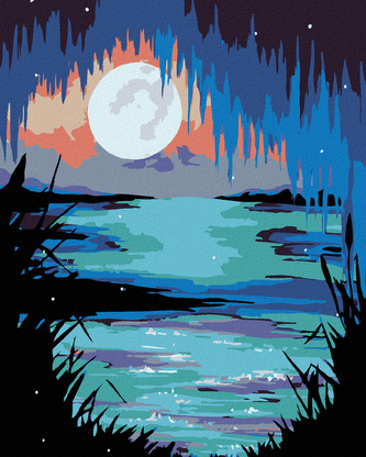 Malování podle čísel - MĚSÍC NAD JEZEREM - 40x50 cm, bez rámu a bez vypnutí plátna