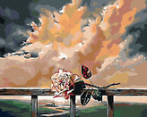 Malování podle čísel - POLOŽENÁ RŮŽE NA ZÁBRADLÍ - 40x50 cm, vypnuté plátno na rám