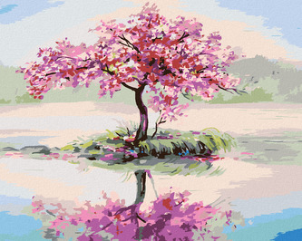 Malování podle čísel - ROZKVETLÁ SAKURA U JEZERA - 40x50 cm, vypnuté plátno na rám