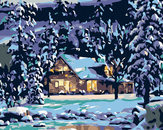 Malování podle čísel - ZASNĚŽENÝ SRUB V LESE - 80x100 cm, bez rámu a bez vypnutí plátna