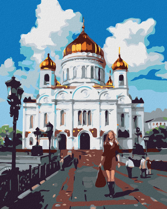 Malování podle čísel - ŽENA PŘED CHRÁMEM - 40x50 cm, bez rámu a bez vypnutí plátna