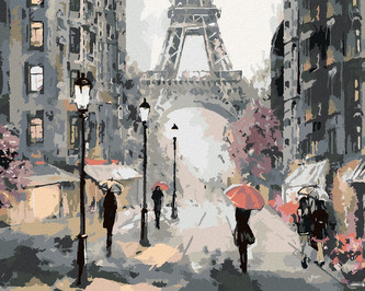 Malování podle čísel - PAŘÍŽ A LIDÉ S RŮŽOVÝMI DEŠTNÍKY - 40x50 cm, bez rámu a bez vypnutí plátna