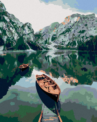 Malování podle čísel - PRAMICE NA JEZEŘE V HORÁCH - 40x50 cm, bez rámu a bez vypnutí plátna