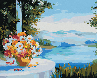 Malování podle čísel - DŮM U MOŘE S KVĚTINAMI NA STOLE - 40x50 cm, bez rámu a bez vypnutí plátna