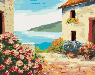 Malování podle čísel - DŮM U MOŘE A KVĚTINY - 80x100 cm, vypnuté plátno na rám
