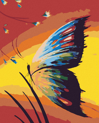Malování podle čísel - MOTÝL V TRÁVĚ A ZÁPAD SLUNCE - 40x50 cm, bez rámu a bez vypnutí plátna
