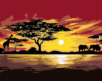 Malování podle čísel - AFRIKA ŽIRAFA A SLONI - 80x100 cm, bez rámu a bez vypnutí plátna