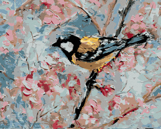 Malování podle čísel - PTÁČEK A RŮŽOVÉ KVĚTINY - 40x50 cm, vypnuté plátno na rám