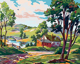 Malování podle čísel - VENKOVSKÉ STAVENÍ U RYBNÍČKU - 40x50 cm, vypnuté plátno na rám