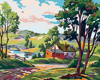 Malování podle čísel - VENKOVSKÉ STAVENÍ U RYBNÍČKU - 40x50 cm, vypnuté plátno na rám