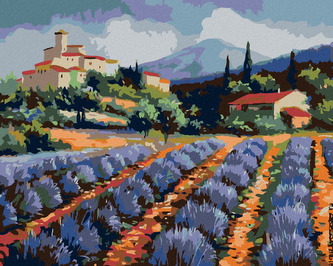 Malování podle čísel - STAVENÍ A LEVANDULOVÝ LÁN - 40x50 cm, bez rámu a bez vypnutí plátna