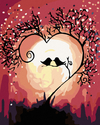 Malování podle čísel - PTÁČCI V STROMOVÉM SRDCI - 40x50 cm, vypnuté plátno na rám