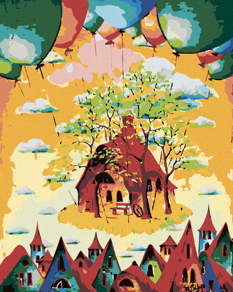 Malování podle čísel - BAREVNÉ DOMKY S BALONKY - 80x100 cm, vypnuté plátno na rám