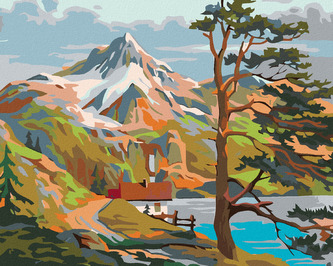 Malování podle čísel - DOMEK U JEZERA POD HORAMI - 40x50 cm, bez rámu a bez vypnutí plátna