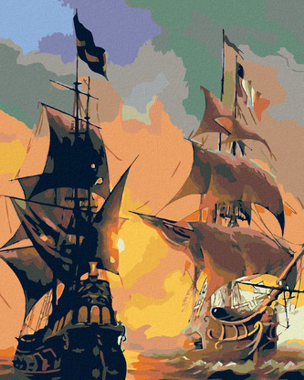 Malování podle čísel - LODĚ NA MOŘI A ZÁPAD SLUNCE - 80x100 cm, bez rámu a bez vypnutí plátna