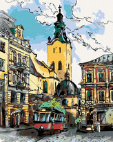 Malování podle čísel - TRAMVAJ NA NÁMĚSTÍ - 40x50 cm, vypnuté plátno na rám