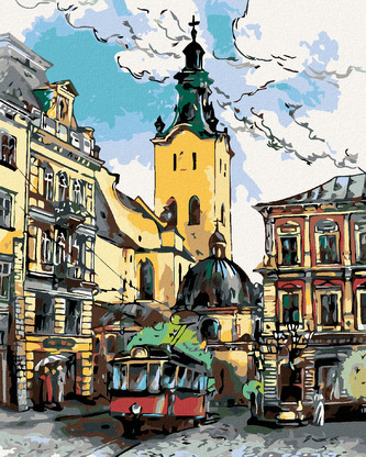 Malování podle čísel - TRAMVAJ NA NÁMĚSTÍ - 40x50 cm, vypnuté plátno na rám