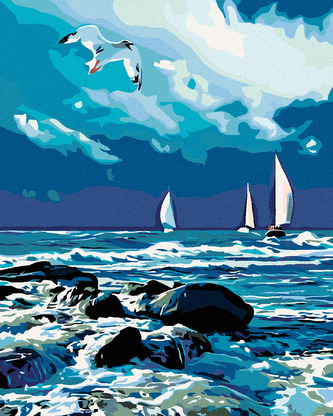 Malování podle čísel - PLACHETNICE NA MOŘI A LETÍCÍ RACEK - 80x100 cm, bez rámu a bez vypnutí plátna